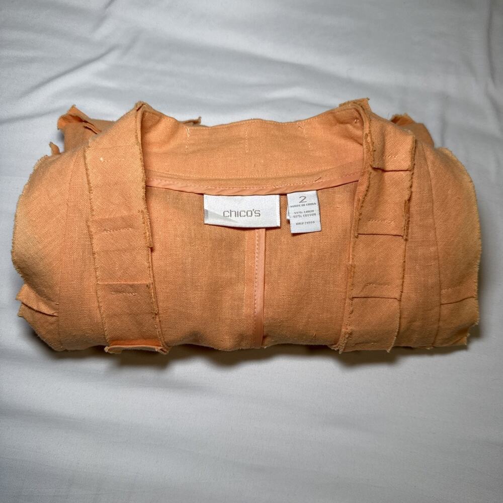 Chicos 2 Blazer Open Front Jacket Linen Blend Womens Orange 3/4 Sleeve Artsy EUC - Picture 12 of 12